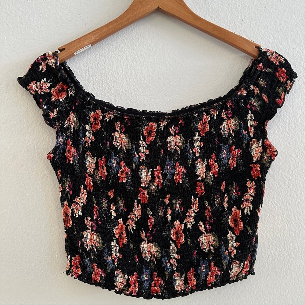 Hollister Floral Ruched Crop Top Puff Sleeve Black Size Small